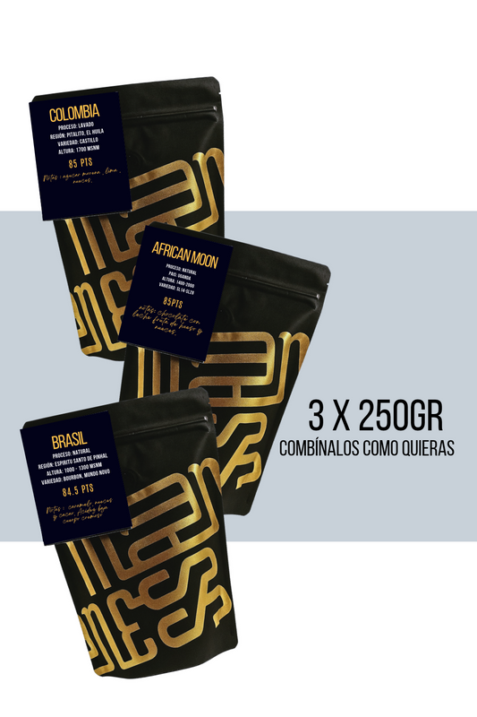 PACK AUTUMN ( 3 X 250GR) - indica que combinación quieres en "personalizar mi pedido/café" entre African moon, Brasil o Colombia